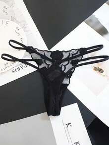 Black Embroidered Temptation T-back Panties - Black - View 2