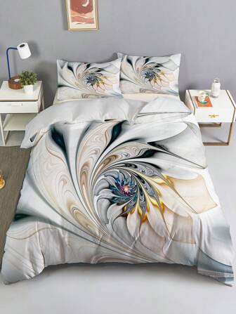 3pcs Psychedelic Floral Duvet Cover Set - 3D White Bedding for Dorm Room and Bedroom Decor - Abstract Flower Print - Includes 1 Duvet Cover and 2 Pillowcase