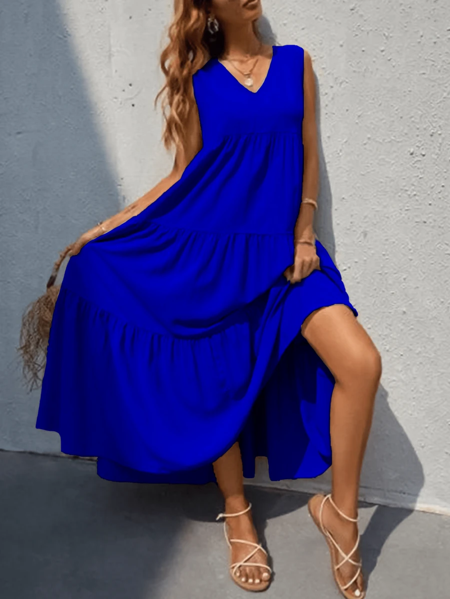 Vestido largo sin mangas y cuello V - Azul - Ver 1