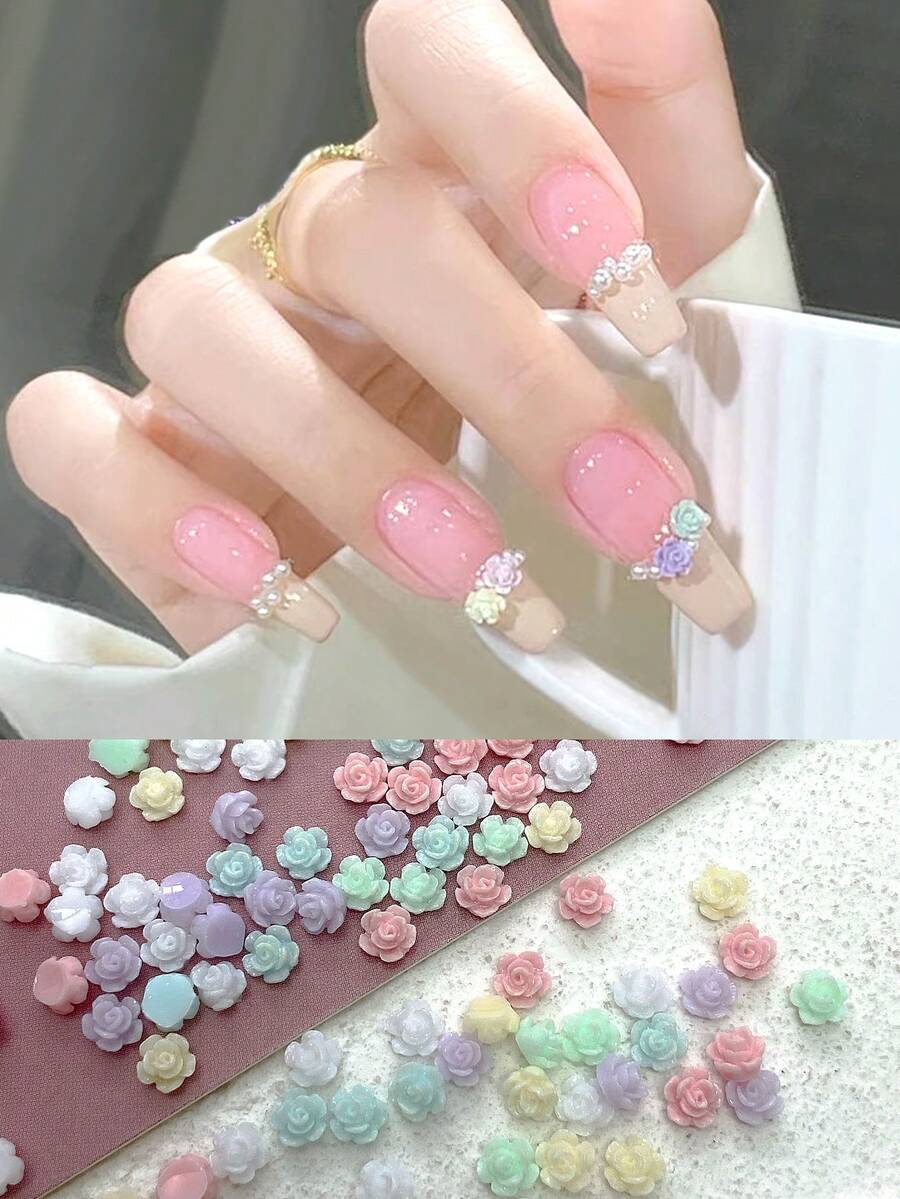 1 袋美甲装饰，约 100 件果冻色迷你山茶花形糖果色心形