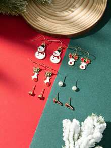 6件套圣诞糖果手杖、珍珠、驯鹿、雪人、袜子设计时尚个性化耳环