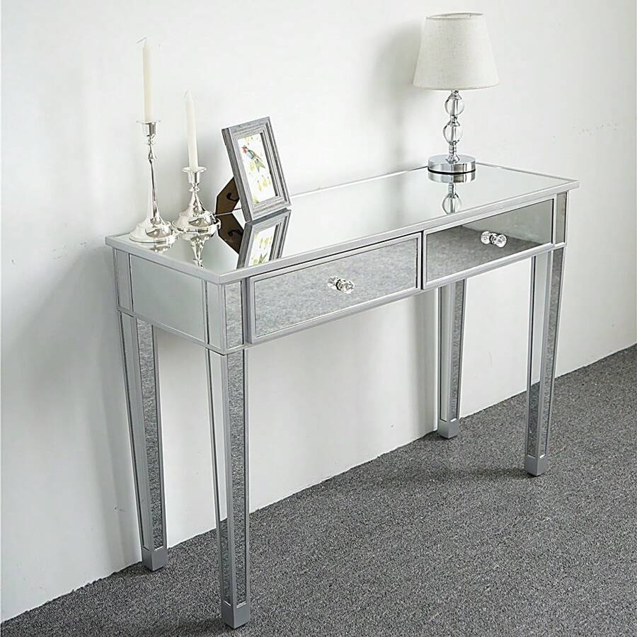 Coiffeuse en Miroir vanité de bureau pour femmes avec 2 tiroirs - Argent - Voir 1
