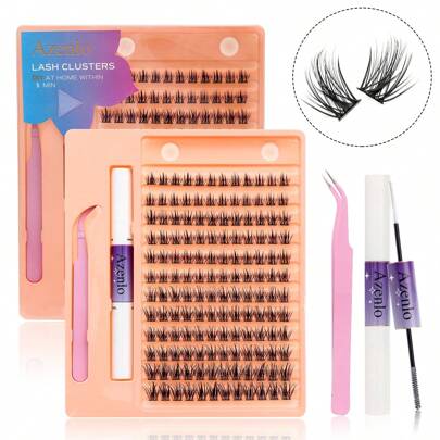 Azenlo 144片单根假睫毛DIY套装，包含胶水和涂抹工具，10-16mm C型卷翘睫毛，假睫毛