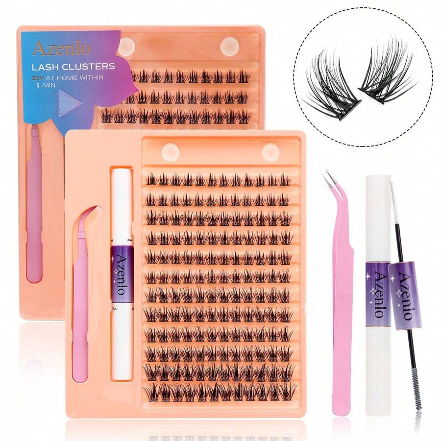 Azenlo 单根睫毛 DIY 睫毛延长套装，144 片睫毛簇，涂抹工具，超级定型簇睫毛粘合和密封，卸妆液，易于在家混合 10-16 毫米长度 C 卷曲睫毛簇套装，睫毛，睫毛，假睫毛 - 白色 - 查看 1