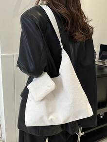 新款 Corduroy 文藝風女包,韓國復古洗煉,大容量簡約設計女士單肩包,適用於秋冬季節 - 米色 - 查看 3