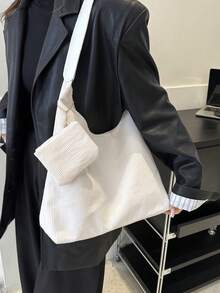 新款 Corduroy 文藝風女包,韓國復古洗煉,大容量簡約設計女士單肩包,適用於秋冬季節 - 米色 - 查看 2