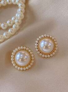 5雙/組仿珍珠花朵心形蝴蝶黑色滴油耳針,適合日常和節日穿戴 - 彩色 - 查看 2