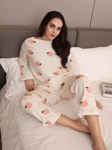 Conjunto De Pijama De Franela De Piel De Durazno Para Mujeres - Albaricoque - Ver 3