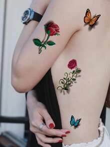 5 Piezas Mariposa Y Flor Tatuaje Temporal Impermeable En 3d De Pegatina - Multicolor - Ver 5