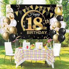 18歲生日快樂橫幅,金色黑色生日裝飾橫幅,附帶8個10吋氣球,男孩女孩生日背景布 - 金色黑色 - 查看 2