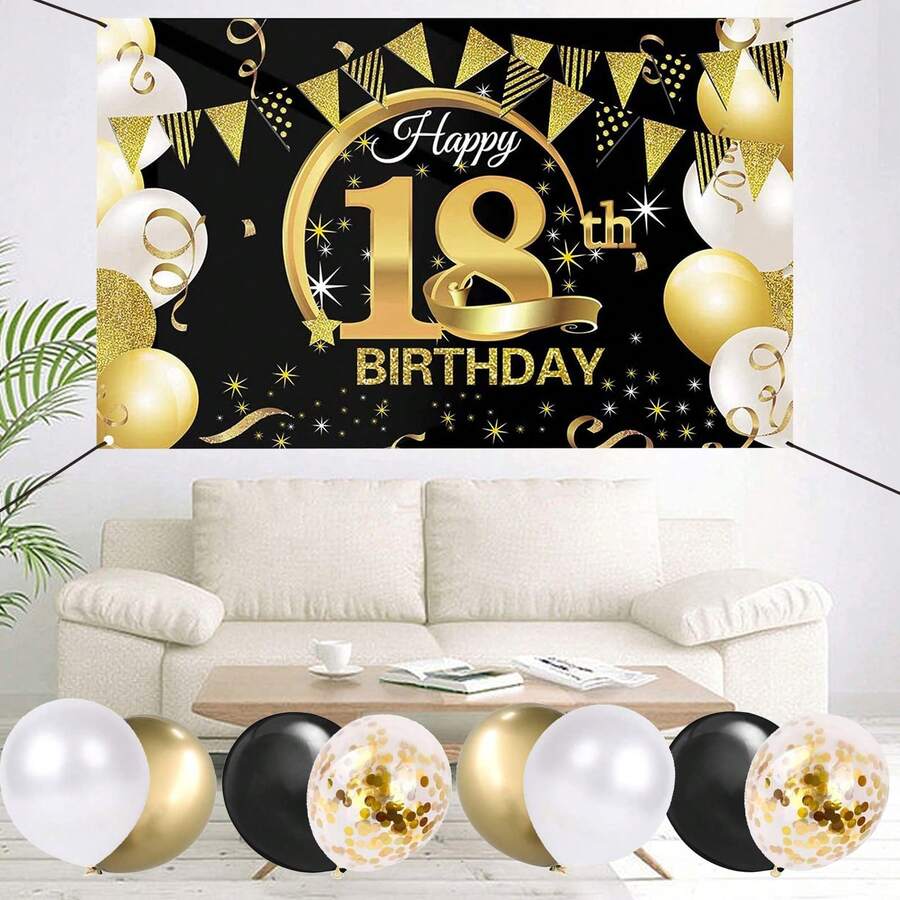 18歲生日快樂橫幅,金色黑色生日裝飾橫幅,附帶8個10吋氣球,男孩女孩生日背景布 - 金色黑色 - 查看 1
