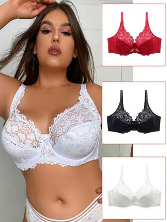 3pcs/set Plus Size Sexy Lace Bra For Women, Ultra-thin E Cup Lingerie
