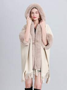 1 件女用針織毛絨純色披肩,冬季新年斗篷,寬鬆加厚領,保暖針織斗篷大衣,時尚百搭配飾