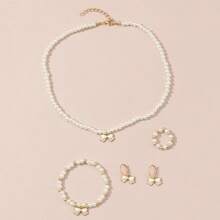 兒童珠寶套裝，包括1條蝴蝶結吊墜珍珠項鍊、1個手鍊、1枚戒指、1副耳環 - 白色 - 查看 5