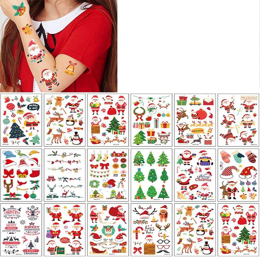 16 件裝聖誕節防水身體貼紙,臉部假紋身套裝,可愛的一次性紋身裝飾,適合派對聖誕裝飾
