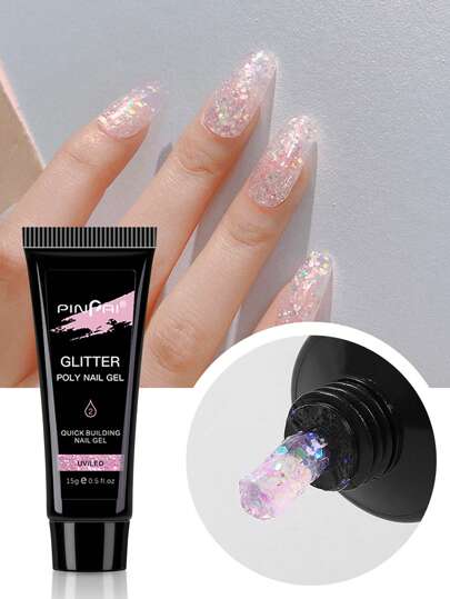 pinpai Glitter Nail Extension Gel - Light Pink, 1pc Holographic Color Sparkle Diamond Led UV Gel Polish