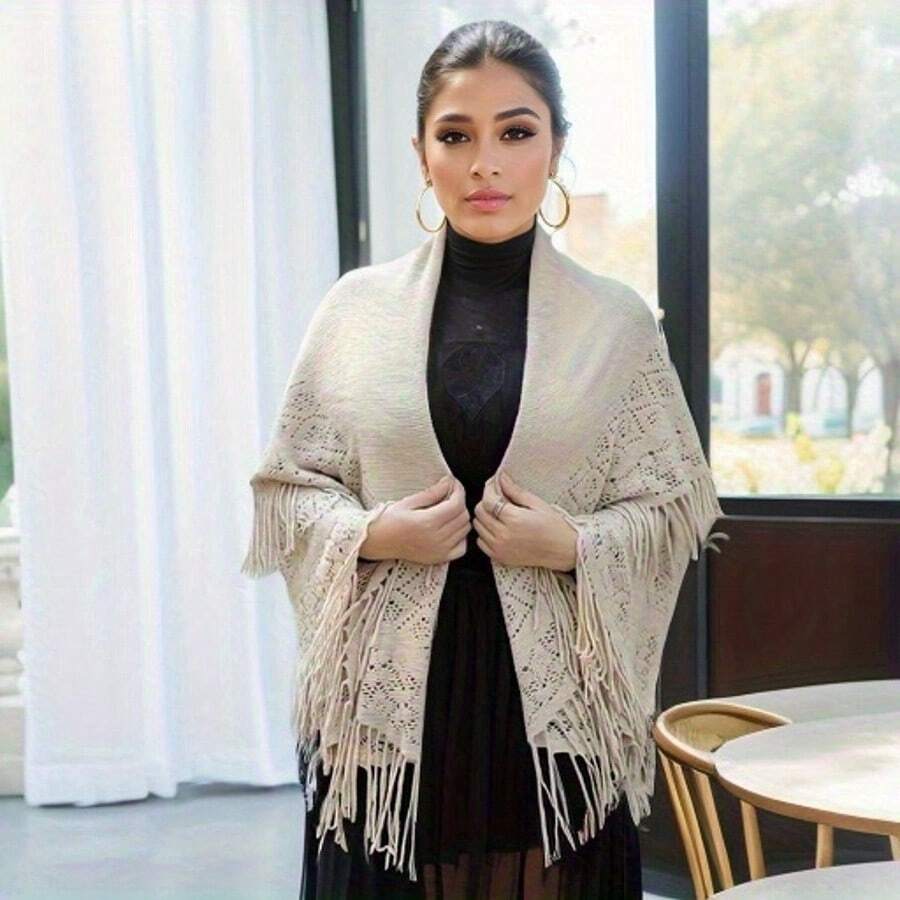 LACE MONDE Versatile Long Plain Knitted Shawl With Tassels, Multi-Functional Scarf & Cape For Autumn & Winter - Apricot - View 1