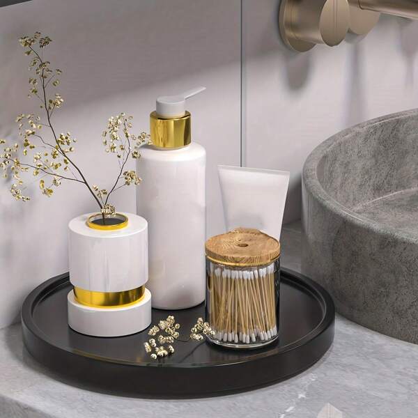The Bathroom Vanity Tray,9.5" Bamboo Turntable Decorative Tray Designed For Organizing And Displaying Perfume, Candles, Soaps, And Skincare Products On Countertops, Dressers, Or Sinks. This Wooden Countertop Organizer Adds A Touch Of Elegance To Any Table Decor With Its Sleek Black Design. Home Bathroom Decor Bathroom Organizer Fall Decor Back To School