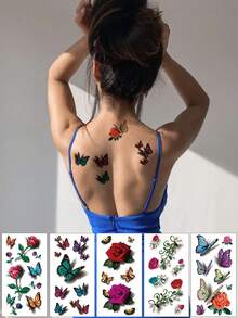 5 Piezas Mariposa Y Flor Tatuaje Temporal Impermeable En 3d De Pegatina - Multicolor - Ver 1