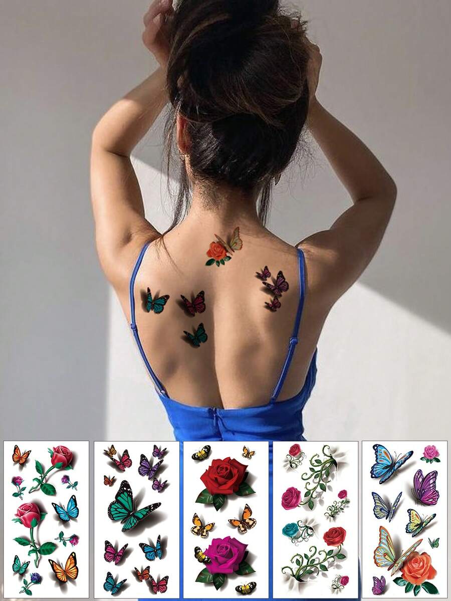 5 Piezas Mariposa Y Flor Tatuaje Temporal Impermeable En 3d De Pegatina - Multicolor - Ver 1