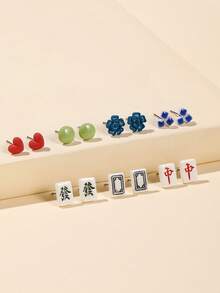 14pcs Fun & Sweet Ceramic Mahjong Stud Earrings For Girls - Multicolor - View 3