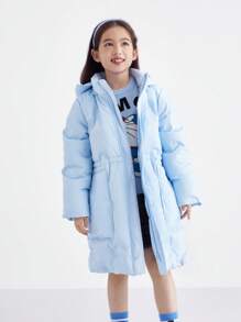 Annil Tween Girl Clothing Mid-Length Winter Down Jacket, Thickened Warm Hooded Cold And Windproof Home Jacket (Light Blue)