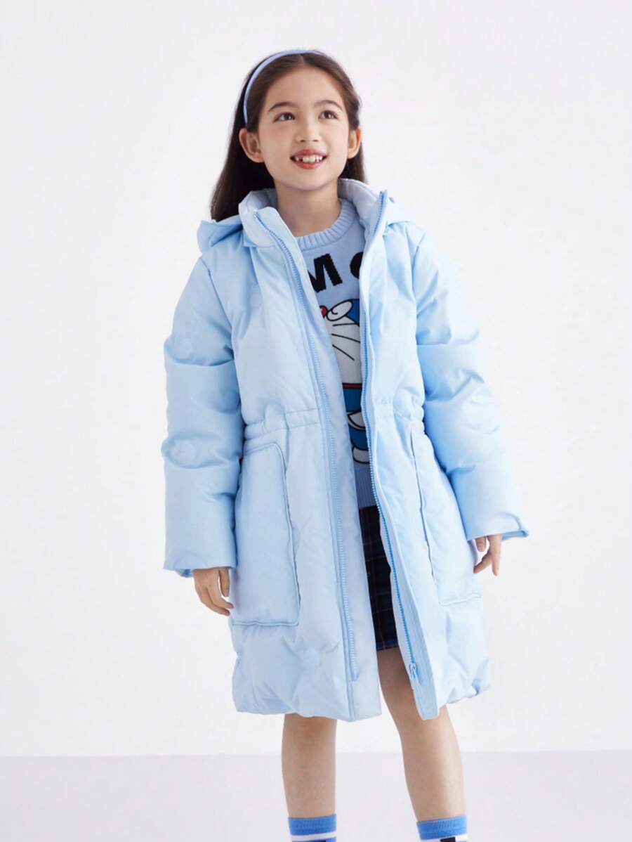 Annil Tween Girl Clothing Mid-Length Winter Down Jacket, Thickened Warm Hooded Cold And Windproof Home Jacket (Light Blue)