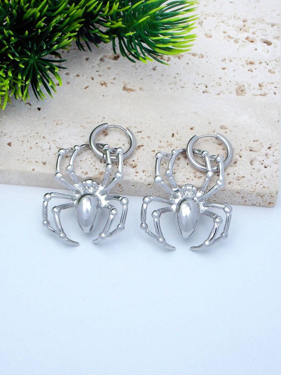 2 件裝時尚個性金屬 3d 蜘蛛形不銹鋼男士吊墜耳環,適合日常佩戴、度假和派對