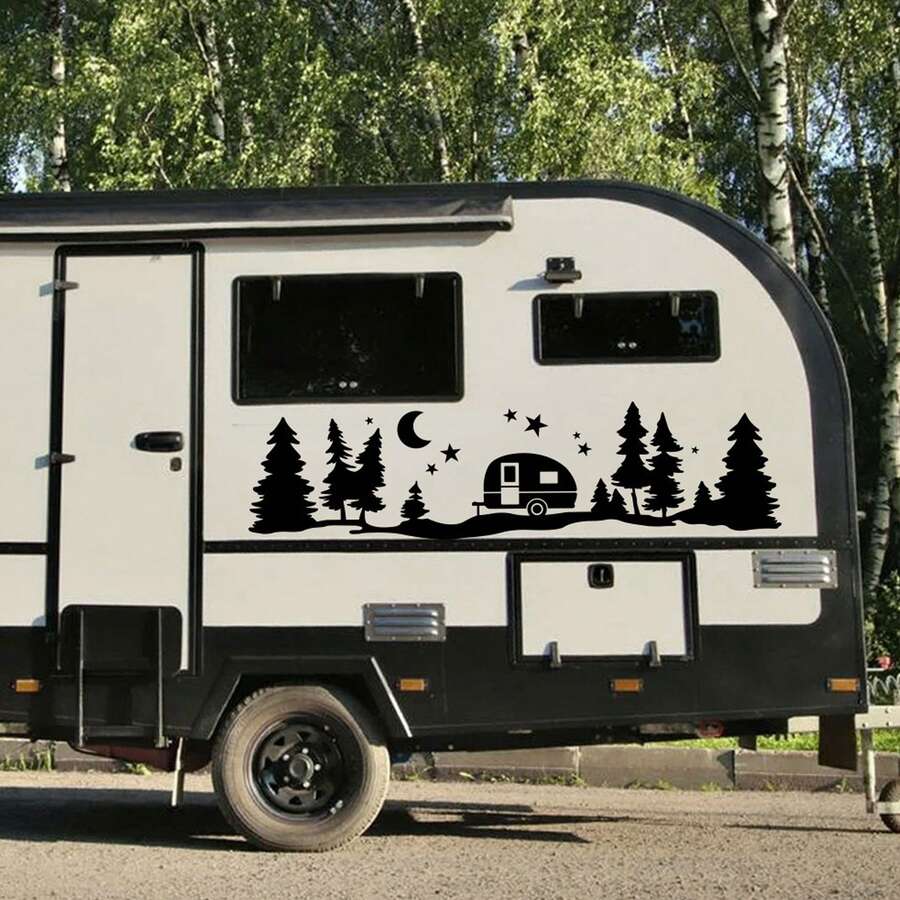 1 件露營車旅行聖誕貼紙,附花卉、星星、月亮和樹木印花,創意貼花 - 黑色 - 查看 1