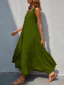 Vestido largo sin mangas y  cuello V - Verde militar - Ver 3