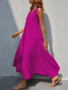 Vestido largo sin mangas y  cuello V - Rosa Fucsia - Ver 3
