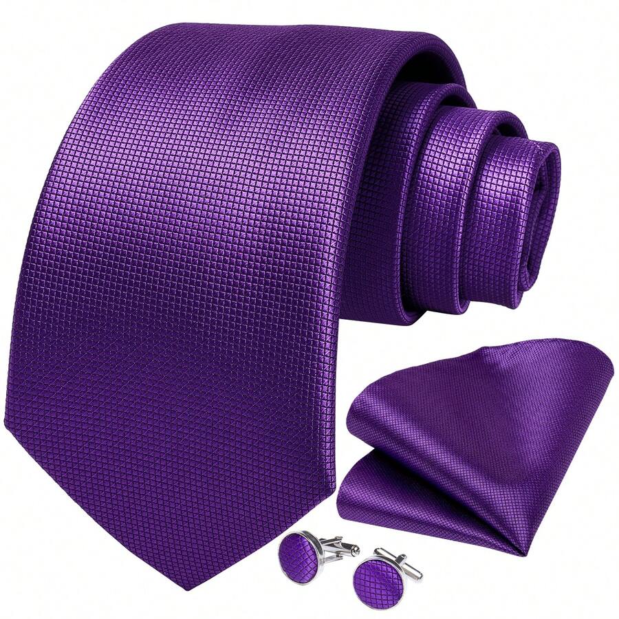 經典男士酒紅藍色條紋絲質領帶套裝，配有手帕和袖扣 - 紫羅蘭色 - 查看 1