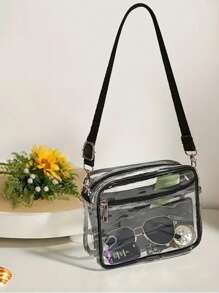 時尚實用的透明斜挎包,適用於活力男女——透明pvc拉鏈肩袋,可調節肩帶——完美的旅行和化妝品伴侶！球場批准的12×12×6透明手提包,適用於音樂會、運動盛會、節日 - 白色 - 查看 1