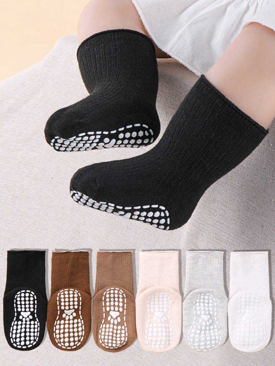 6 Pairs Of Baby Non-Slip Socks Toddler Solid Color Socks For Boys And Girls,Baby Socks , Newborn Socks ,Toddler Socks ,Infant Socks. - 彩色 - 查看 1