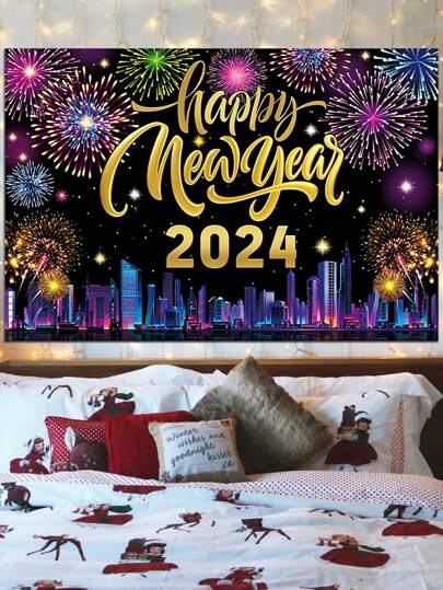 1個-2024快樂新年背景布聚酯材料,適用於新年家庭派對背景裝飾、購物中心商店節日氛圍裝扮道具