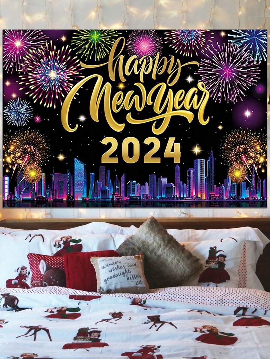 1個-2024快樂新年背景布聚酯材料,適用於新年家庭派對背景裝飾、購物中心商店節日氛圍裝扮道具 - B新年背景布012 - 查看 1