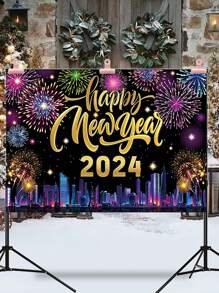 1個-2024快樂新年背景布聚酯材料,適用於新年家庭派對背景裝飾、購物中心商店節日氛圍裝扮道具 - B新年背景布012 - 查看 4
