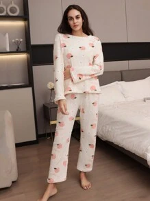 Conjunto De Pijama De Franela De Piel De Durazno Para Mujeres - Albaricoque - Ver 1