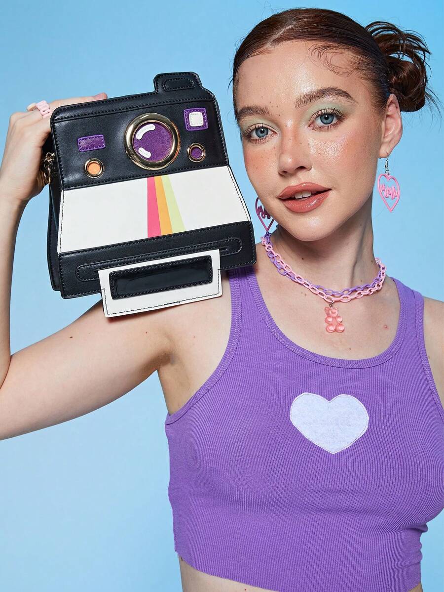 新颖相机形状链条斜挎包女士时尚可爱女孩单肩包钱包和手提包 PU 皮革