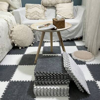 12入組(6灰色+6白色)泡沫拼接地墊,適用於房間臥室客廳地毯,可置於床側隔音和隔熱