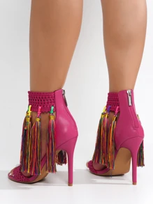 Women's Knit Crochet Tassels Open Toe Heels - Single Round Toe Ultra High Heel For Evening Wear - Hồng - Xem 6
