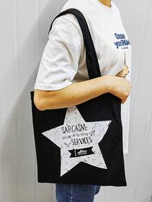 Bolso de hombro tipo tote con estampado de estrellas y letras para mujer - Negro - Ver 1