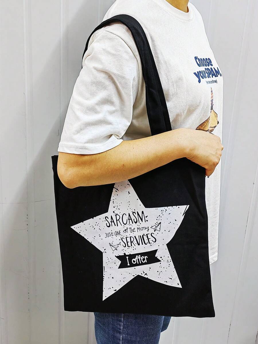 Bolso de hombro tipo tote con estampado de estrellas y letras para mujer - Negro - Ver 1