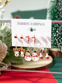 6件套圣诞糖果手杖、珍珠、驯鹿、雪人、袜子设计时尚个性化耳环