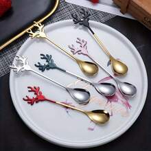 1pc Stainless Steel Christmas Reindeer Coffee Spoon - Green - View 3
