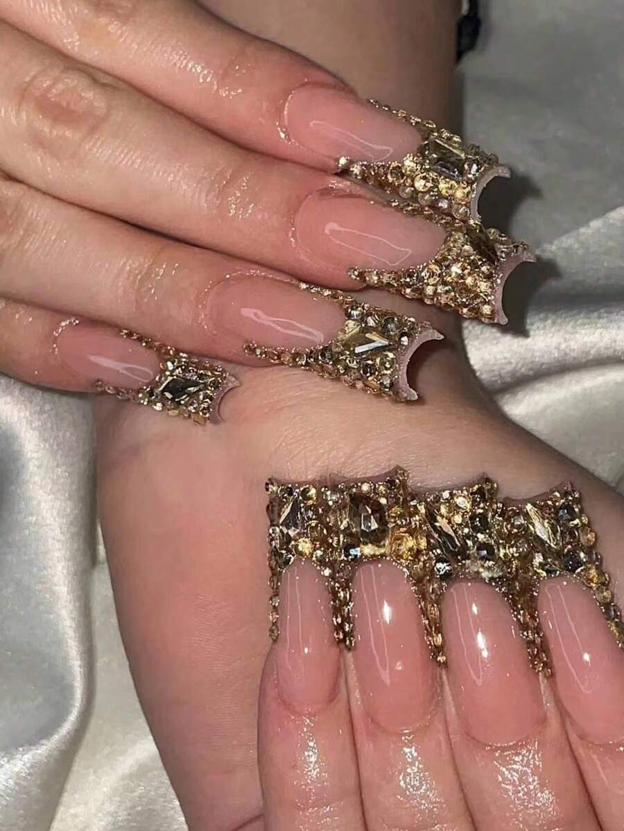 Y2K 24 件长棺材形 3D 水钻美甲装饰，配 1 个指甲锉和 1 个果冻胶按压指甲美甲用品 - 金色 - 查看 1