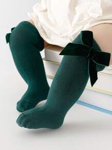 Calcetines Hasta La Mitad De La Pantorrilla Con Estilo De Princesa Lindo Para Niñas Con Lazo En Colores Rojo, Verde Y Sólido, Cómodos, Como Decoración Navideña - Verde - Ver 3