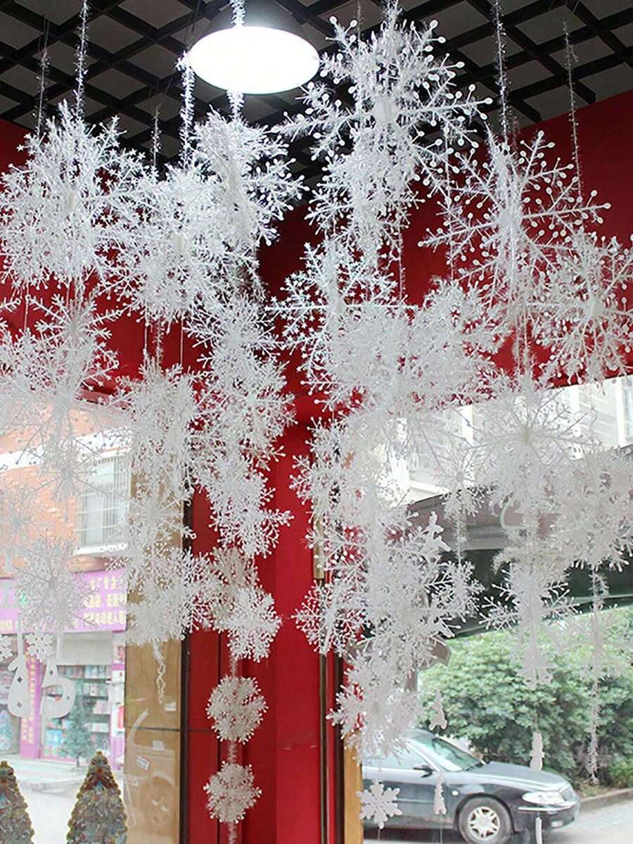30 件白色雪花形塑料圣诞装饰品（不含绳子）适用于圣诞树、花环、婚礼、家庭派对窗户装饰、新年礼物 - 白色 - 查看 1