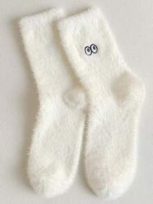 5雙/包刺繡厚款保暖白色女士襪子,適用於戶外