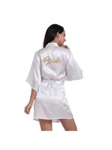 Novia Pijama De Satén Bata De Maquillaje Bata De Verano Delgada Cardigan Bata De La Mañana Para La Novia Suministro De Fiesta De Bodas - Blanco - Ver 1
